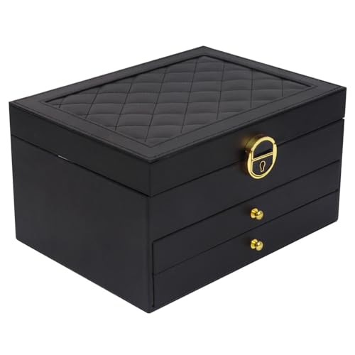 Jewelry Organizer Box for Women, Large Jewelry Organizer with Lock, 3 Tier Storage Box with Velvet Lining, 2 Drawers, Necklace Hooks, Ring Rolls - color: Black