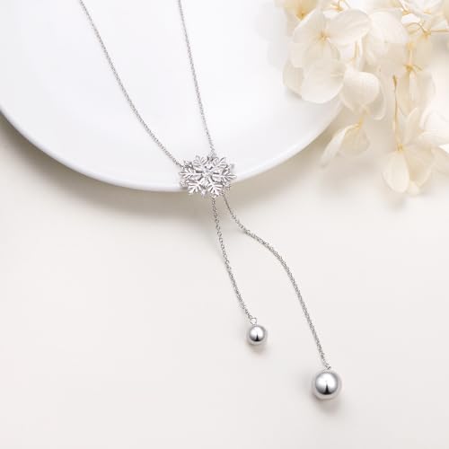 DAOCHONG Long Necklace S925 Sterling Silver Tassel Round Ball Necklace for Women,Snowflake Long Necklace Silver Jewelry Christmas New Year Holiday Gifts for Women Her (Chain adjustable) - style: Snowflake Necklace