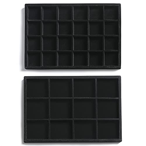 Frebeauty Stackable Velvet Jewelry Organizer Trays for Drawers Inserts Jewelry Storage Tray Display Case, Stud Earrings Bracelets Necklace Rings Accessories Trays for Women (Set of 2 Black) - color: Black, size: Set 2