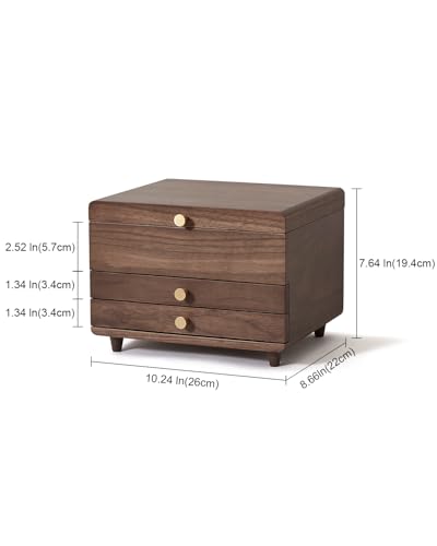 Wooden Jewelry Box, 3 Layer Large Jewelry Organizer for Women, Jewelry Storage, for Necklaces Rings Earring Watches Bracelets, Black Walnut Wood, Mothers Day Gifts for Mom