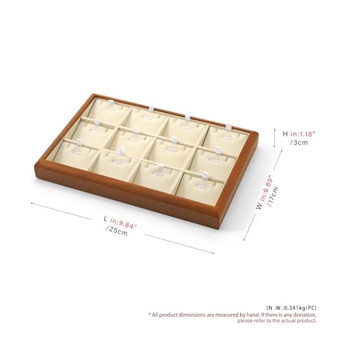12 Grids Solid Wood Necklace Jewelry Tray Microfiber Bracelet Chain Pendant Drawer Holder With Removable Jewellery Cards for Storage Display (Cream White) - style: 12 Grid with Insert