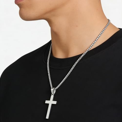 Cross Necklace for Men Silver Premium Alloy Solid Color Cross Pendant Necklace for Men Women Teens - color: Silver-Stainless Steel-28inch