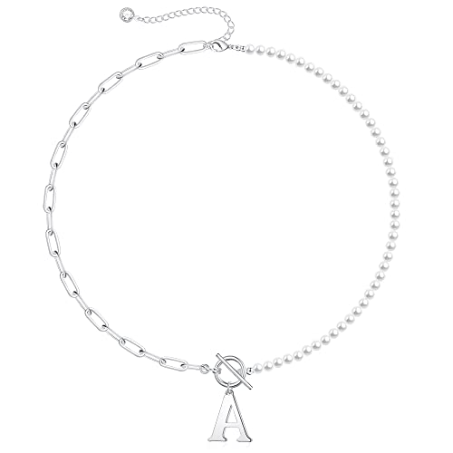 Yoosteel Pearl Initial Necklace for Women, Dainty Pearl Chain Choker Initial Necklaces for Women Toggle Clasp Paperclip Link Chain Necklace Jewelry Gifts - color: Silver, style: A'