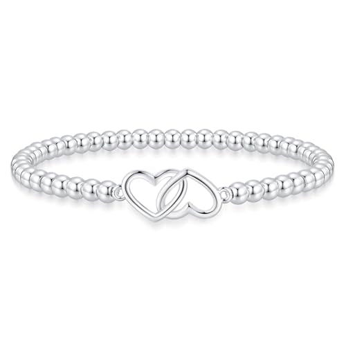 Mothers Day Gifts - Beaded Bracelets for Women 14K Silver Gold Plated Stretch Handmade Ball Bracelets Cute Charm Bracelet Dainty Stackable Cross Heart Bow Wave CZ Circle Trendy Jewelry Easter Gifts - color: double-heart-silver