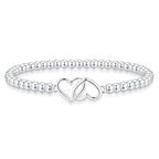 Mothers Day Gifts - Beaded Bracelets for Women 14K Silver Gold Plated Stretch Handmade Ball Bracelets Cute Charm Bracelet Dainty Stackable Cross Heart Bow Wave CZ Circle Trendy Jewelry Easter Gifts - color: double-heart-silver