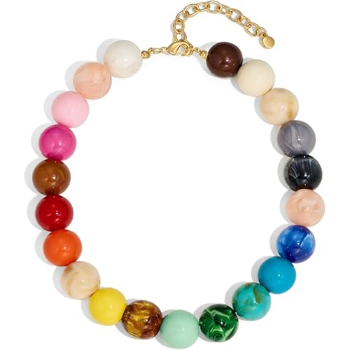 Colorful Beaded Necklace for Women, Stainless Steel Adjustable Chunky Acrylic Ball Necklace, Non Tarnish Vibrant Statement Jewelry, Summer Gift for Her