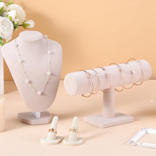 Wenqik 4 Pcs Velvet Jewelry Display Set Velvet Necklace Bust Holder Bracelet Organizer 2 Ring Finger Jewelry Holder - color: Linen Color