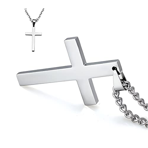 Cross Necklace for Men Silver Premium Alloy Solid Color Cross Pendant Necklace for Men Women Teens - color: Silver-20inch