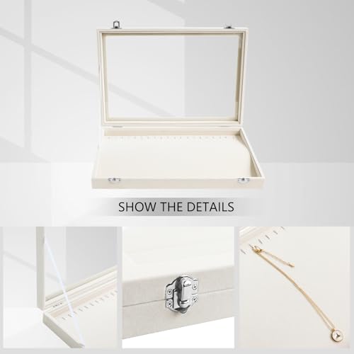 Wudygirl Necklace Organizer with Clear Glass Lid Stackable Jewelry Organizer Tray with 20 Hooks for Necklace Bracelet(Beige Necklace Box) - style: Beige Necklace Tray