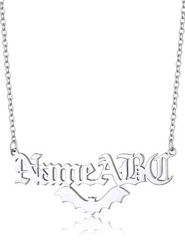 GoldChic JEWELRY Name Necklace Personalized for Men, Womens Custom Name Plate Chain, Stainless Steel Customized Old English Nameplate Choker with Curb Chains Custom, 16 inches to 30 inches - color: Rolo Chain(1.8 mm)&Bat- Steel