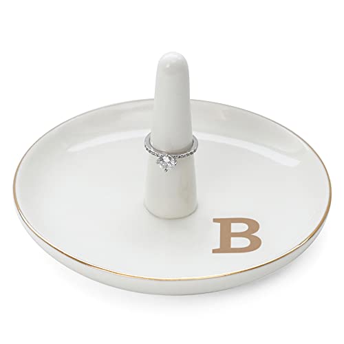 HOME SMILE Initials Ring Holder Jewery Tray with personalized B-Monogrammed Engagement Gifts for Friends,Birthday Mother's Day Christmas Gifts for Women,Ceramic White - style: B