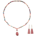 2 Pcs Boho Lapis Lazuli Jewelry Set for Women - Handmade Natural Stone Beaded Long Necklace with Oval Lapis Lazuli Pendant & Trapezoid Lapis Lazuli Earrings | Vintage Elegance | Ideal Gift for Her - style: Rhodochrosite Pendant