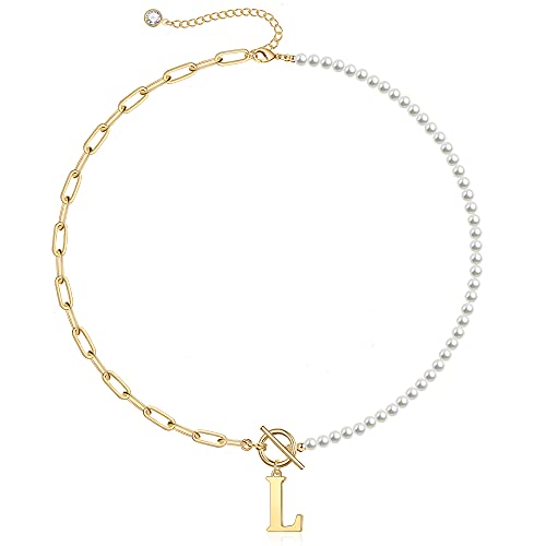 Yoosteel Pearl Initial Necklace for Women, Dainty Pearl Chain Choker Initial Necklaces for Women Toggle Clasp Paperclip Link Chain Necklace Jewelry Gifts - color: Gold, style: L