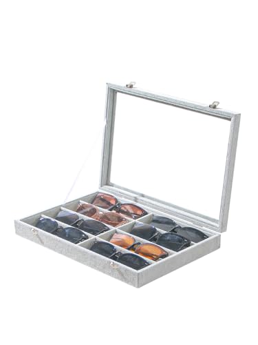 Coward Sunglass Organizer Tray Box, Grey Beige Velvet Eyeglasses Display Tray Case with Transparent Glass Lid for Home Use or Store Shop Selling Show - color: Grey Beige Velvet, size: Sunglass Box