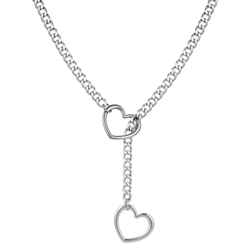 sroyte Heart Slip Chain Necklaces for Women,Stainless Steel O-Ring Adjustable Lariat Y-Necklace,Punk Gothic Cuban Collar Choker Necklace for women - color: Chunky Silver Heart, size: 25"