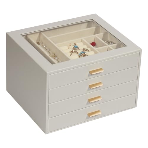 Jewelry Box with Glass Lid, 4-Layer Jewelry Organizer for Women Girls, PU Leather Display Case with 20-Grid Earring Tray & Movable Dividers for Necklaces Rings,Grey - color: Grey, size: 4-Layer
