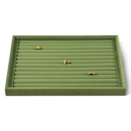 Velvet Ring Display Tray, Stackable Muilt Slot Rings Ear Stud Storage Tray, Drawer Insert Jewelry Accessories Organizers Plate (Olive Green) - color: Olive Green, size: Multi-Slot Ring Tray