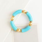 LALAPPLE Gold Plated Beaded Acrylic Bamboo Tube Bangle Bracelets for Women, Colorful Chunky Curved Tube With Gold Plated Pieces Beads Stretch Bracelet Friendship Summer Beach Jewelry - color: N-Blue