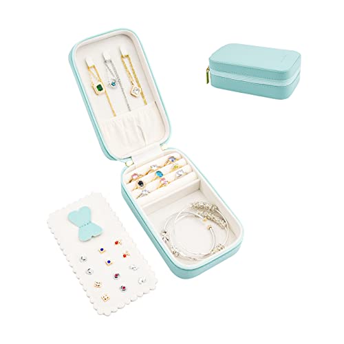 Small Travel Jewelry Organizers Box for women with PU Leather Portable Mini Jewelry Case with compartments for Necklace Rings Earrings,Luxury Giftable boxes. (Lake Blue, M) - color: Lake Blue, size: M