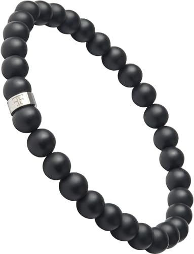 Forge & Foundry Men’s Matte Black Solid Onyx Beaded Bracelet | 10mm, 8mm, 6mm Bead Size Options | Signature Stainless Steel Engraved Bead | Andalus - color: 6mm Silver, size: Small