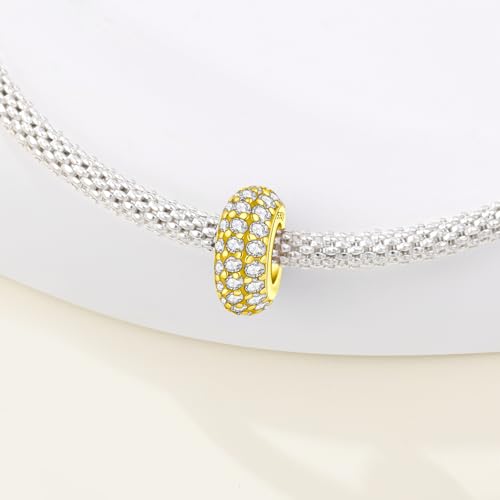 Spacer Stopper Beads for Bracelets & Necklaces, 925 Sterling Silver Beads | Smooth & Pave Cubic Zirconia (White, Blue, 18K Gold Plated) | Anti-Slide Separator Charms S925 Women Jewelry - color: 2Pcs Gold CZ Spacer