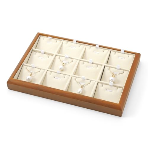 12 Grids Solid Wood Necklace Jewelry Tray Microfiber Bracelet Chain Pendant Drawer Holder With Removable Jewellery Cards for Storage Display (Cream White) - style: 12 Grid with Insert