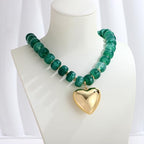 Gold Heart Pendant Necklaces for Women Colorful Acrylic Resin Beaded Choker Necklace Fashion Chunky Statement Beaded Heart Necklace - color: Dark-green