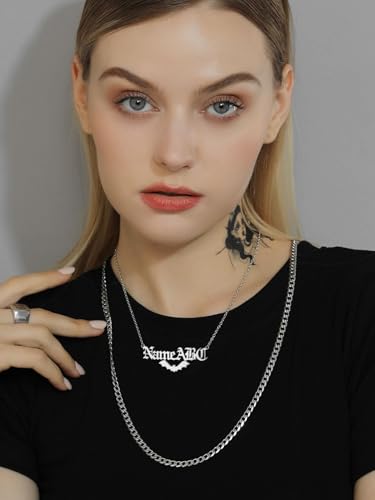 GoldChic JEWELRY Name Necklace Personalized for Men, Womens Custom Name Plate Chain, Stainless Steel Customized Old English Nameplate Choker with Curb Chains Custom, 16 inches to 30 inches - color: Rolo Chain(1.8 mm)&Bat- Steel