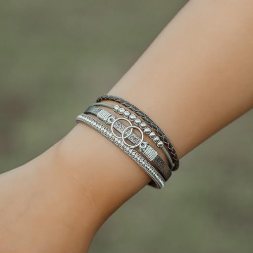 FANCY SHINY Mothers Day Gifts Boho Leather Wrap Bracelet Stackable Infinity Chunky Cuff Bracelets Western Hippie Outfits Jewelry Valentine Gifts for Women - color: Grey