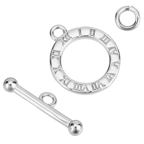 Beebeecraft 1 Box 10Pcs Toggle Clasps for Jewelry Making 925 Sterling Silver Plated Brass Clock Round Toggle Clasps Connectors Metal Bar and Snap Ring for DIT Craft - color: Silver