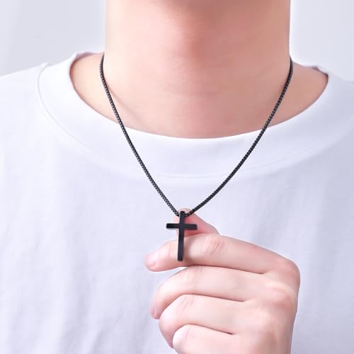 Fiusem Cross Necklace for Men, Silver/Gold/Black Mens Cross Necklaces with 2.5mm Cross Chain and Stainless Steel Cross Pendant, Box Chain 16-24 Inch, Jewelry Gift - size: 24.0 Inches, style: Small Black cross: 1.2" * 0.7"
