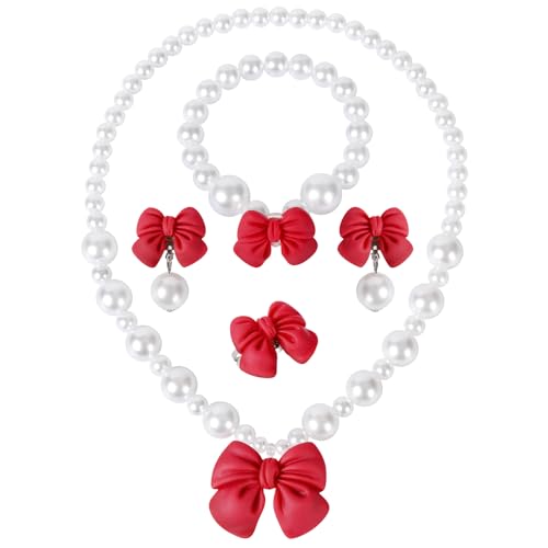 Princess Jewelry for Little Girls, Handmade Bow Pearl Kids Jewelry Set, Stretch Necklace Bracelets Rings and Clip on Earrings, Perfect for Dress Up, Birthday Parties, and Costume Play - color: Red