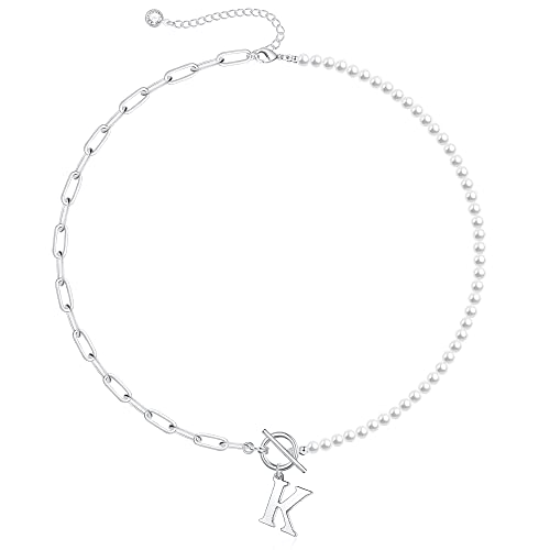 Yoosteel Pearl Initial Necklace for Women, Dainty Pearl Chain Choker Initial Necklaces for Women Toggle Clasp Paperclip Link Chain Necklace Jewelry Gifts - color: Silver, style: K