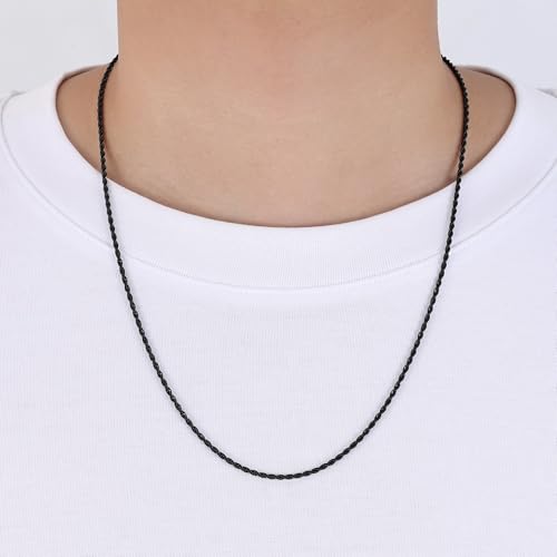Fiusem 18K Gold Plated Rope Chain for Men, 18K Gold Plated/Black Chain Necklace, Stainless Steel Necklace for Men and Women, Jewelry Gifts - size: 22 Inches, style: Black 2mm