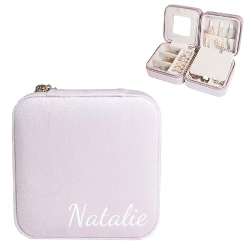 Customizable Compact Velvet Jewelry Box with Mirror, Travel Jewelry Case, Travel Jewelry Organizer, Jewelry Box for Women and Girls, Small Jewelry Organizer (Bottom Right Text, Lavender Pink) - color: Lavender Pink, size: Bottom Right Text Only