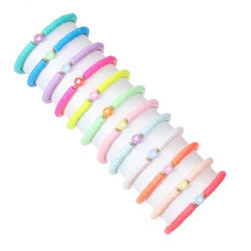 COLORFUL BLING 5-12Pcs Bohemian Love Heart Bead Bracelets for Women Vinyl Disc Heishi Surfer Stackable Stretch Bracelet Summer Beach Boho Jewelry - color: 12pcs round heart