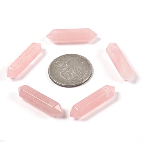 Rose Quartz 32mm Natural Gemstone Hexagonal Wand Jewelry Making Crystal Pointed Chakra Reiki Healing Beads 2mm Hole Drilled(Pack of 10) - color: Rose Quartz