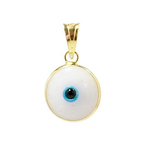 MIZZE Made for Luck Gold Plated 925 Sterling Silver 10 MM Round Glass Evil Eye Charm Pendant - 7 Colors to Choose from - color: White