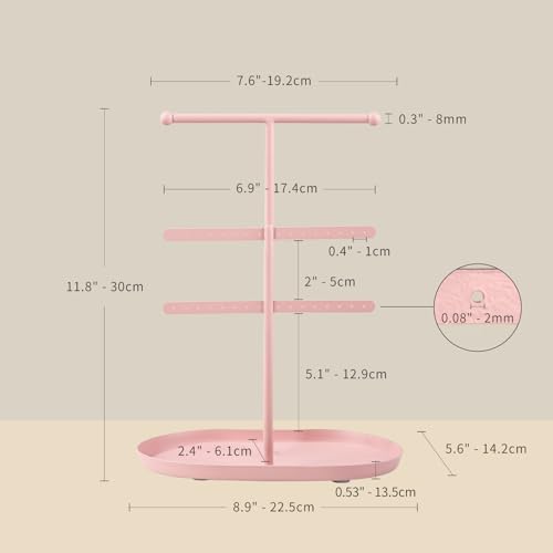 Saydear Elegant Jewelry holder Organizer 2-Tier Display Storage Stand for Earrings Necklaces with Ring Tray Spacious and Durable, Easy to Assemble Pink - color: Pink