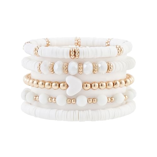 RISHEGAE Heishi Beaded Stretch Bracelets for Women Stackable Polymer Clay Beads Bracelets Friendship Boho Summer Beach Bracelet Jewelry Set - color: B-White Set