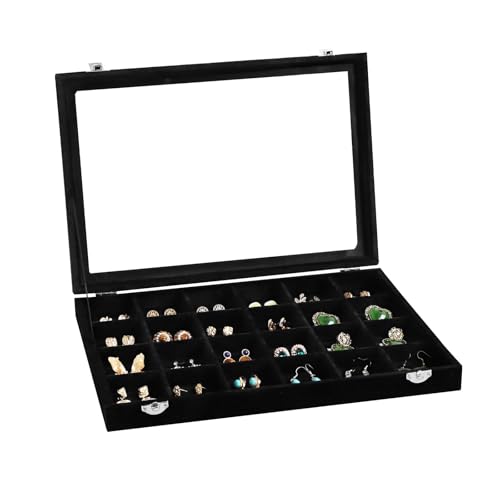 Wudygirl Jewelry Organizer 24 Grid Jewelry Tray with Clear Lid Velvet Jewelry Box Earrings Holder Organizer Jewelry Display Case (Black 24 Grid) - style: 24 Grid Tray