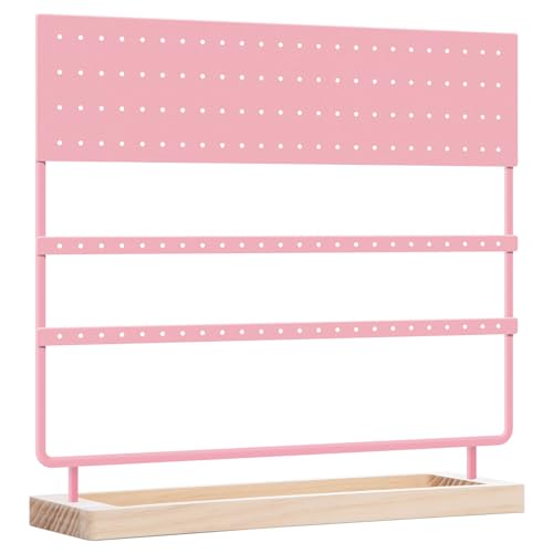 Earring Holder Organizer Stand - Earrings Display Rack 144 Holes Jewelry Holder Tower with Wooden Tray for Earrings Rings Pink - color: Pink