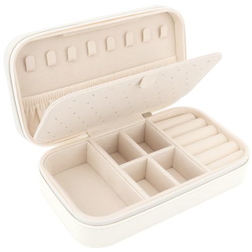 DesignSter Travel Jewelry Box, PU Leather Portable Jewelry Case, Small Jewelry Boxes for Gifts, Travel Jewelry Organizer for Women Rings Earrings Necklaces Bracelets (Beige) - color: Beige