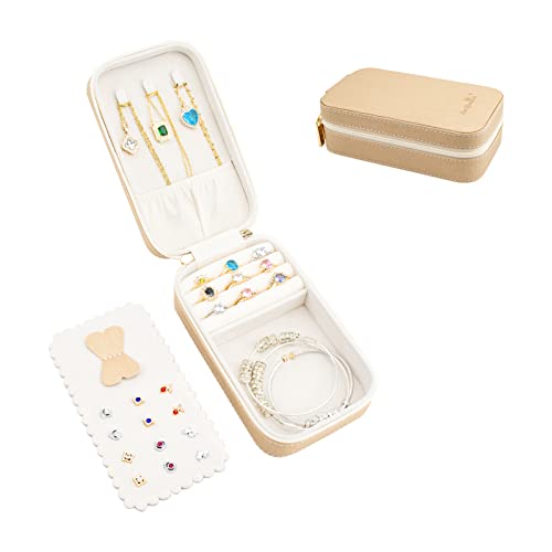 Small Travel Jewelry Organizers Box for women with PU Leather Portable Mini Jewelry Case with compartments for Necklace Rings Earrings,Luxury Giftable boxes. (Champagne, M) - color: Champagne, size: M