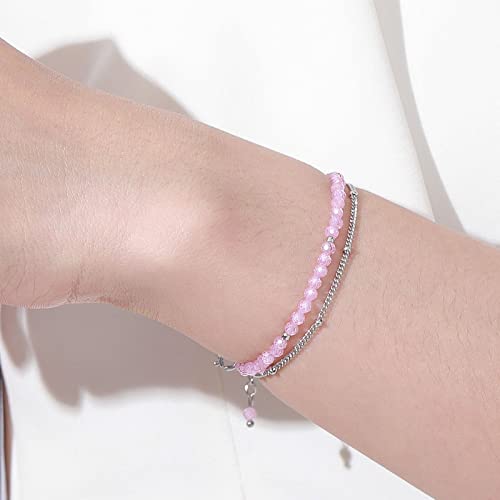 Peridot Stand Silver Gold Bracelets, Handmade Birthstone Stack Bracelet Crystal Gemstones Bead Chain Gift for Women, 8" - color: Silver-10-Oct Pink tourmaline