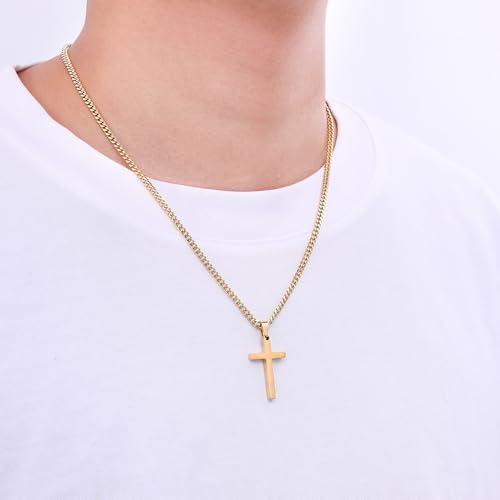 Fiusem Easter Basket Stuffers Cross Necklace for Men and Women, 14K Gold Plated Mens Cross Necklaces with 3.5mm Cuban Chain, Stainless Steel Pendant Chain 16-24 Inches - size: 22 Inches, style: Small gold cross:1.2"*0.75"