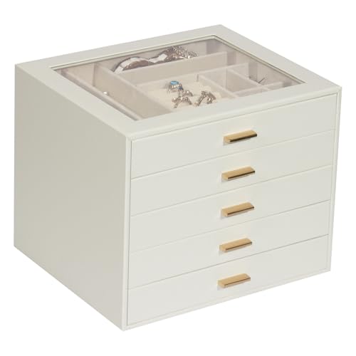 Jewelry Box with Glass Lid, 5-Layer Jewelry Organizer for Women Girls, PU Leather Display Case with 20-Grid Earring Tray & Movable Dividers for Necklaces Rings - Cloud White - color: White, size: 5-Layer