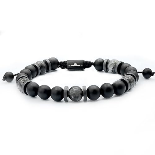 Mens Beaded Bracelet - Stone Jewelry, Black Onyx Hematite Bracelets, Mens Accessories, Adjustable - style: Spectral Night
