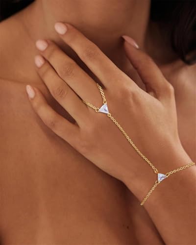Gold Bracelets for Women Trendy, Dainty Gold Hand Chain Bracelet Stack 14k Gold Plated Finger Ring Bracelet Hand Chain Cz Layered Beaded Gold Bracelets for Women Non Tarnish Gold Jewelry Gift - style: cz hand chain bracelet-gold