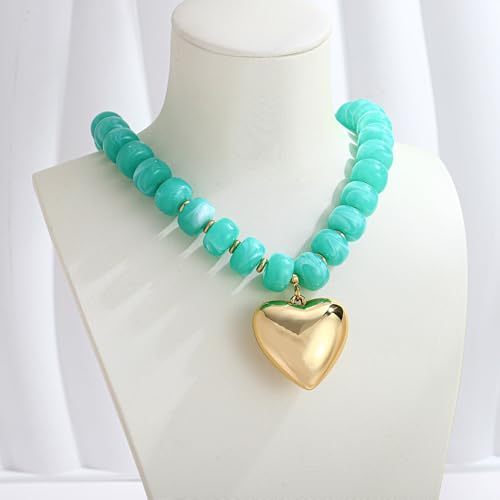 Gold Heart Pendant Necklaces for Women Colorful Acrylic Resin Beaded Choker Necklace Fashion Chunky Statement Beaded Heart Necklace - color: Lake-blue